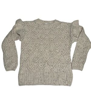Womens Cream Speckled Knit Sweater Ruffle Shoulder Long‎ Sleeve Cozy Casual